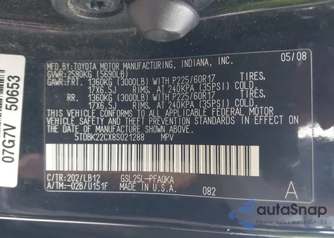 2008 Toyota Sienna Limited из США, поврежденный, VIN 5TDBK22CX8S021288